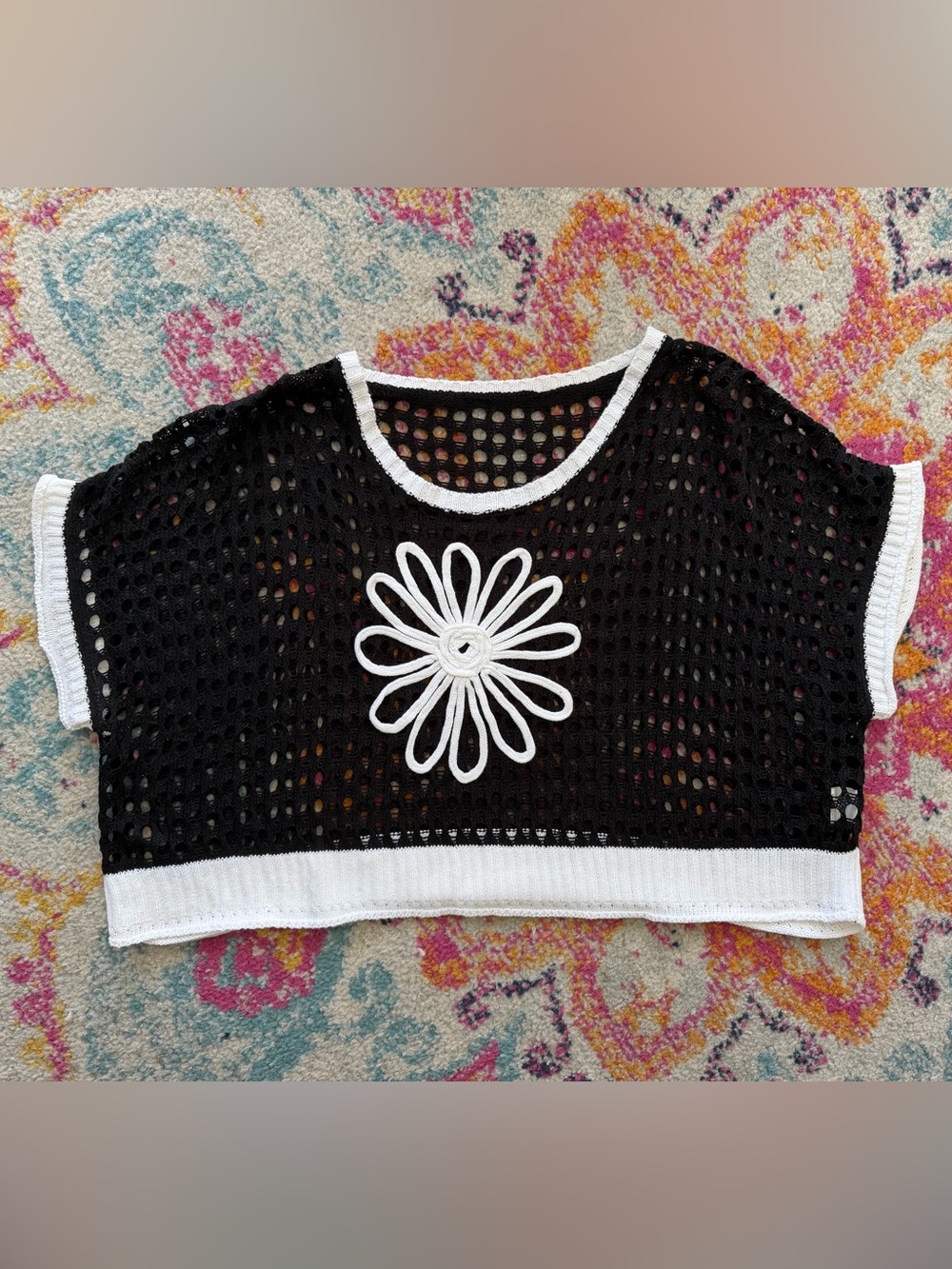 Black Cropped Mesh Top with White Trim